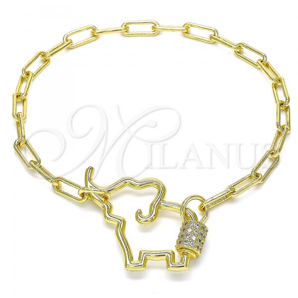 Oro Laminado Fancy Bracelet, Gold Filled Style Elephant Design, with White Micro Pave, Polished, Golden Finish, 03.341.0078.07