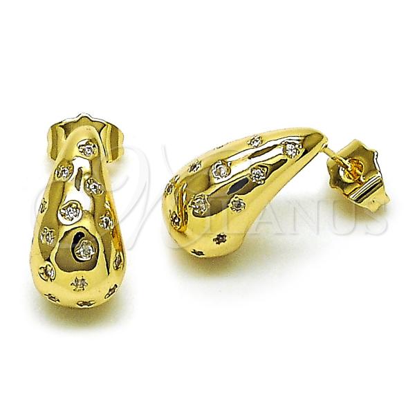 Oro Laminado Stud Earring, Gold Filled Style Teardrop Design, with White Cubic Zirconia, Polished, Golden Finish, 02.283.0154