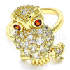 Oro Laminado Multi Stone Ring, Gold Filled Style Owl Design, with White and Garnet Cubic Zirconia, Polished, Golden Finish, 01.210.0091.2.07 (Size 7)