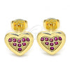 Oro Laminado Stud Earring, Gold Filled Style Heart Design, with Ruby Micro Pave, Polished, Golden Finish, 02.156.0394.2