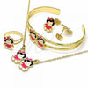 Oro Laminado Earring and Pendant Children Set, Gold Filled Style Little Girl Design, Pink Enamel Finish, Golden Finish, 06.361.0019