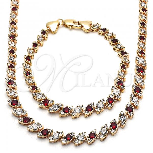 Oro Laminado Necklace and Bracelet, Gold Filled Style with Garnet and White Cubic Zirconia, Polished, Golden Finish, 06.284.0014.1