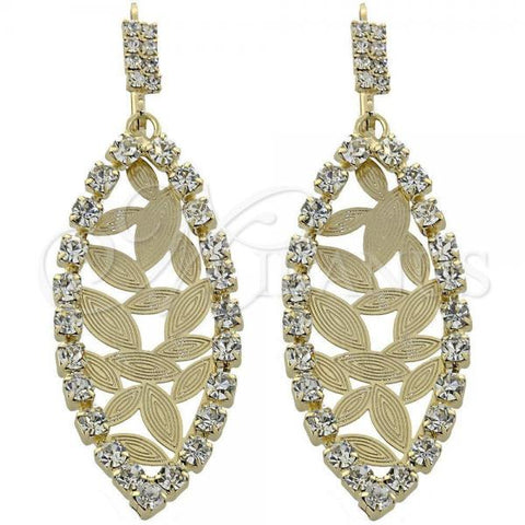 Oro Laminado Long Earring, Gold Filled Style Leaf Design, with White Cubic Zirconia, Diamond Cutting Finish, Golden Finish, 5.124.003