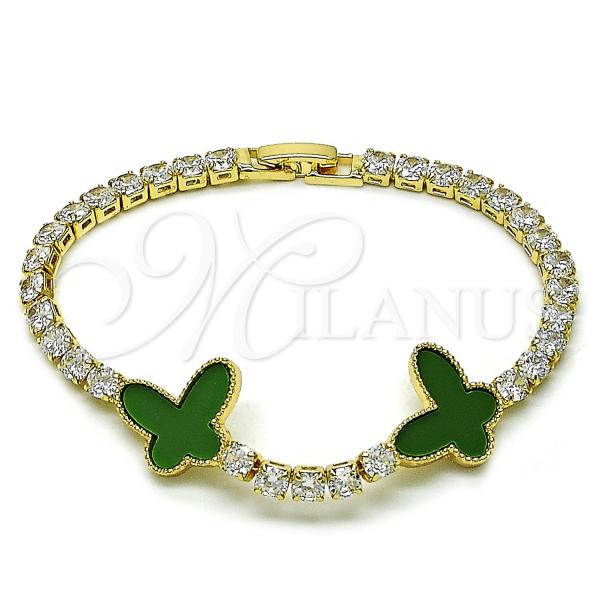 Oro Laminado Tennis Bracelet, Gold Filled Style Butterfly Design, with Green Mother of Pearl and White Cubic Zirconia, Polished, Golden Finish, 03.283.0388.3.07