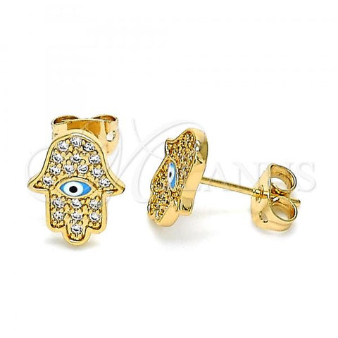 Oro Laminado Stud Earring, Gold Filled Style Hand of God Design, with White Micro Pave, Turquoise Enamel Finish, Golden Finish, 02.213.0268.1