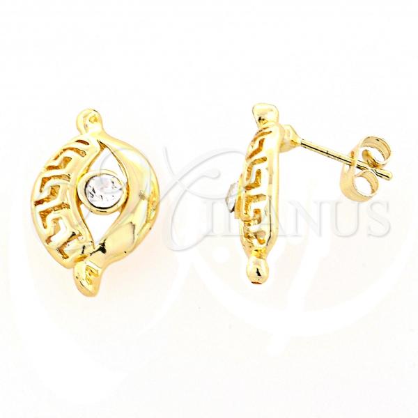 Oro Laminado Stud Earring, Gold Filled Style Greek Key and Evil Eye Design, with White Crystal, Polished, Golden Finish, 02.59.0032 *PROMO*