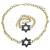 Oro Laminado Necklace and Bracelet, Gold Filled Style Paperclip and Star of David Design, with Green Micro Pave, Polished, Black Rhodium Finish, 06.341.0003.4