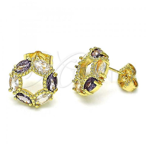 Oro Laminado Stud Earring, Gold Filled Style with Amethyst and White Cubic Zirconia, Polished, Golden Finish, 02.310.0026.2