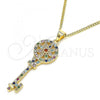 Oro Laminado Pendant Necklace, Gold Filled Style key and Flower Design, with Multicolor Micro Pave, Polished, Golden Finish, 04.344.0005.2.20