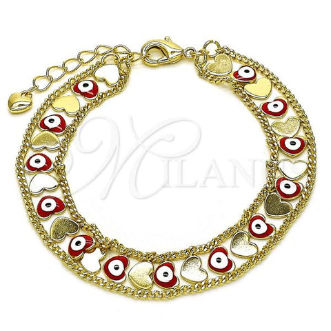 Oro Laminado Fancy Bracelet, Gold Filled Style Heart and Evil Eye Design, Red Enamel Finish, Golden Finish, 03.213.0220.1.07