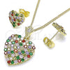 Oro Laminado Earring and Pendant Adult Set, Gold Filled Style Heart Design, with Multicolor Cubic Zirconia, Polished, Golden Finish, 10.283.0018.2