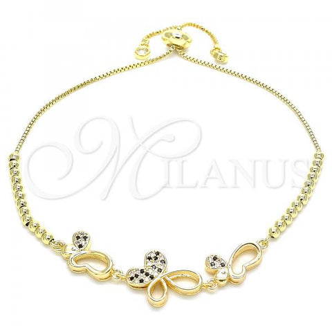 Oro Laminado Adjustable Bolo Bracelet, Gold Filled Style Butterfly Design, with Black and White Cubic Zirconia, Polished, Golden Finish, 03.233.0019.2.12