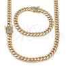 Oro Laminado Necklace and Bracelet, Gold Filled Style Miami Cuban Design, with White Micro Pave, Polished, Golden Finish, 06.63.0297