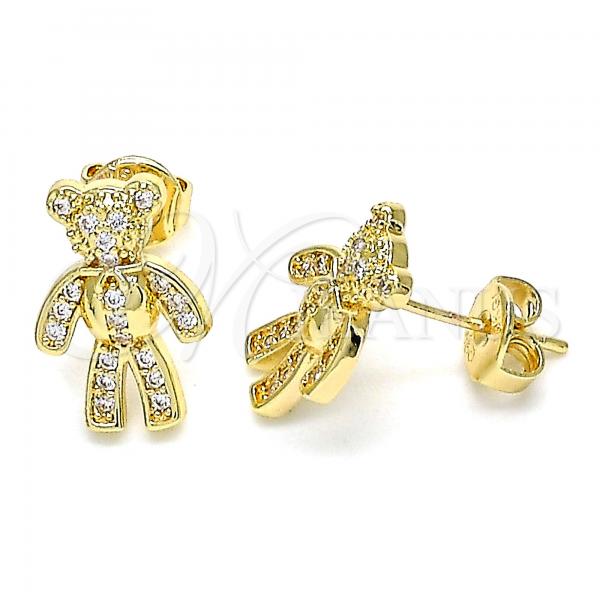 Oro Laminado Stud Earring, Gold Filled Style Teddy Bear Design, with White Micro Pave, Polished, Golden Finish, 02.156.0431