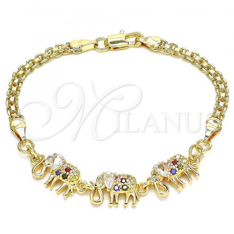 Oro Laminado Fancy Bracelet, Gold Filled Style Elephant Design, with Multicolor Cubic Zirconia, Polished, Golden Finish, 03.63.2132.3.08