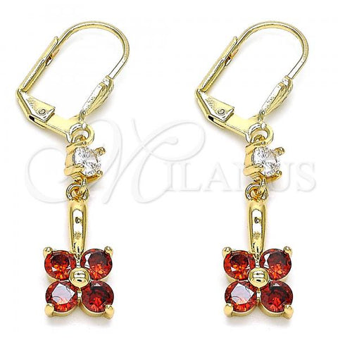 Oro Laminado Long Earring, Gold Filled Style Flower Design, with Garnet and White Cubic Zirconia, Polished, Golden Finish, 02.213.0345