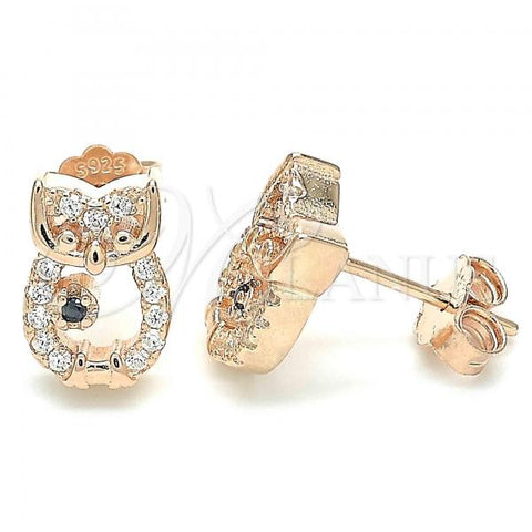 Sterling Silver Stud Earring, Owl Design, with Black Cubic Zirconia and White Crystal, Polished, Rose Gold Finish, 02.336.0146.1