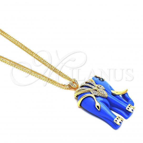 Oro Laminado Pendant Necklace, Gold Filled Style Elephant Design, with White Crystal and Sapphire Blue Opal, Polished, Golden Finish, 04.182.0056.35
