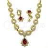 Oro Laminado Necklace and Earring, Gold Filled Style Teardrop and Flower Design, with Garnet and White Cubic Zirconia, Polished, Golden Finish, 06.205.0024.1