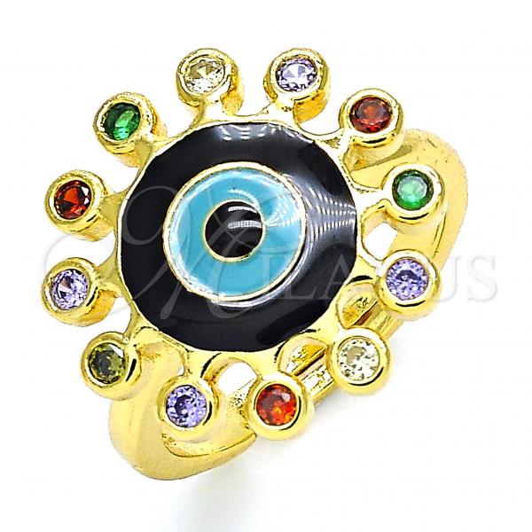 Oro Laminado Multi Stone Ring, Gold Filled Style Evil Eye Design, with Multicolor Micro Pave, Black Enamel Finish, Golden Finish, 01.368.0013 (One size fits all)