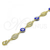 Oro Laminado Fancy Bracelet, Gold Filled Style Virgen Maria and Evil Eye Design, Blue Enamel Finish, Golden Finish, 03.213.0159.08