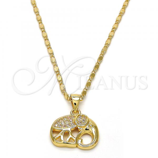 Oro Laminado Pendant Necklace, Gold Filled Style Elephant Design, with White Micro Pave, Polished, Golden Finish, 04.233.0007.18