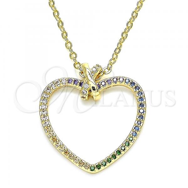 Oro Laminado Pendant Necklace, Gold Filled Style Heart Design, with Multicolor Micro Pave, Polished, Golden Finish, 04.156.0282.18