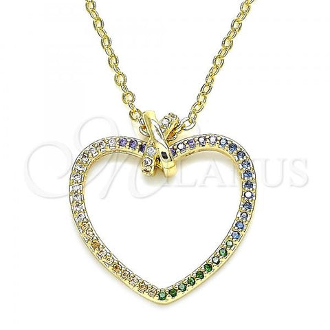 Oro Laminado Pendant Necklace, Gold Filled Style Heart Design, with Multicolor Micro Pave, Polished, Golden Finish, 04.156.0282.18