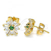 Oro Laminado Stud Earring, Gold Filled Style Flower Design, with Green and White Cubic Zirconia, Polished, Golden Finish, 02.310.0027
