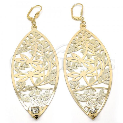 Oro Laminado Dangle Earring, Gold Filled Style Leaf and Dragon-Fly Design, with White Crystal, Diamond Cutting Finish, Golden Finish, 68.003