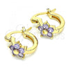 Oro Laminado Small Hoop, Gold Filled Style Flower Design, with Amethyst Cubic Zirconia, Polished, Golden Finish, 02.210.0502.3.10