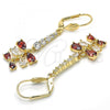 Oro Laminado Long Earring, Gold Filled Style Teardrop Design, with Garnet and White Cubic Zirconia, Polished, Golden Finish, 02.210.0208