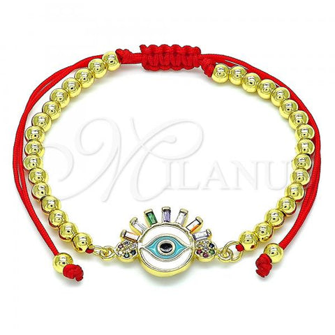 Oro Laminado Adjustable Bolo Bracelet, Gold Filled Style Evil Eye and Ball Design, with Multicolor Cubic Zirconia and Multicolor Micro Pave, White Enamel Finish, Golden Finish, 03.381.0031.10
