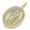 Oro Laminado Religious Pendant, Gold Filled Style Guadalupe and Leaf Design, Polished, Golden Finish, 05.213.0093