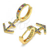 Oro Laminado Huggie Hoop, Gold Filled Style Anchor Design, with Multicolor Micro Pave, Polished, Golden Finish, 02.377.0009.15