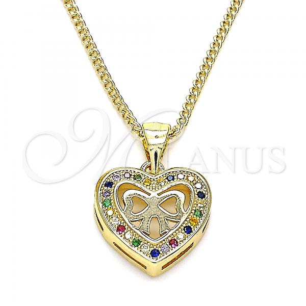 Oro Laminado Pendant Necklace, Gold Filled Style Heart and Bow Design, with Multicolor Micro Pave, Polished, Golden Finish, 04.156.0462.2.20
