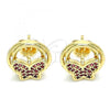 Oro Laminado Stud Earring, Gold Filled Style Butterfly Design, with Ruby Micro Pave, Polished, Golden Finish, 02.156.0453.1