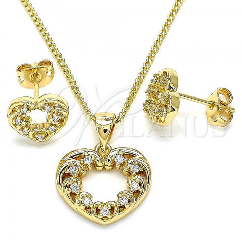 Oro Laminado Earring and Pendant Adult Set, Gold Filled Style Heart Design, with White Micro Pave, Polished, Golden Finish, 10.342.0049