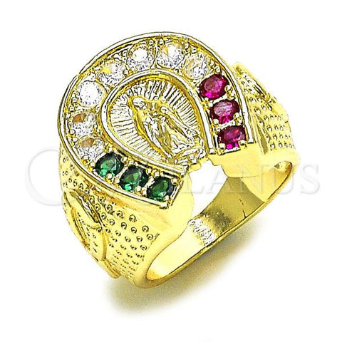 Oro Laminado Mens Ring, Gold Filled Style Guadalupe Design, with Multicolor Cubic Zirconia, Polished, Golden Finish, 01.210.0158.09