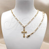 Oro Laminado Necklace and Bracelet, Gold Filled Style Crucifix and Figaro Design, Polished, Golden Finish, 06.63.0281