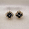 Oro Laminado Stud Earring, Gold Filled Style Four-leaf Clover Design, with Black and White Cubic Zirconia, Polished, Golden Finish, 02.283.0179