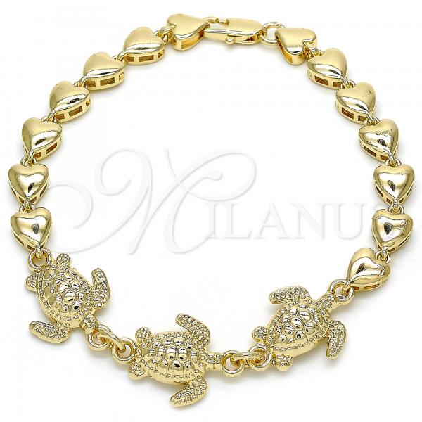Oro Laminado Fancy Bracelet, Gold Filled Style Turtle and Heart Design, Polished, Golden Finish, 03.63.1873.08