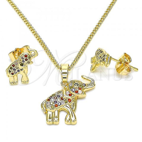 Oro Laminado Earring and Pendant Adult Set, Gold Filled Style Elephant Design, with Multicolor Micro Pave, Polished, Golden Finish, 10.284.0015.1