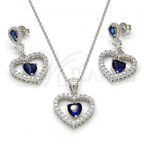 Sterling Silver Earring and Pendant Adult Set, Heart Design, with Sapphire Blue and White Cubic Zirconia, Polished, Rhodium Finish, 10.175.0032