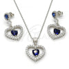 Sterling Silver Earring and Pendant Adult Set, Heart Design, with Sapphire Blue and White Cubic Zirconia, Polished, Rhodium Finish, 10.175.0032