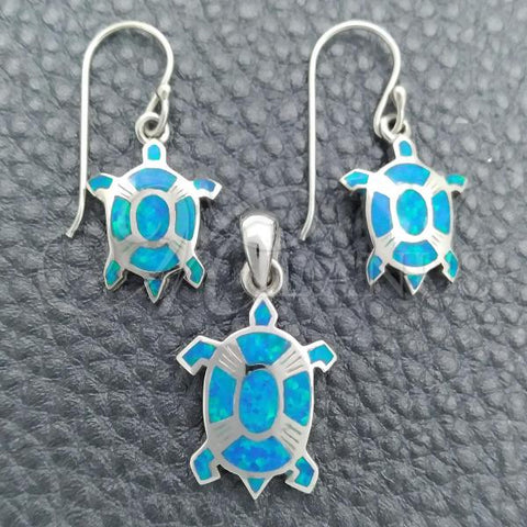 Sterling Silver Earring and Pendant Adult Set, Turtle Design, with Bermuda Blue Opal, Polished, Silver Finish, 10.391.0024