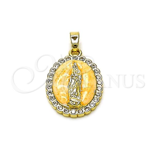 Oro Laminado Religious Pendant, Gold Filled Style Guadalupe Design, with White Cubic Zirconia, Orange Enamel Finish, Golden Finish, 05.284.0019