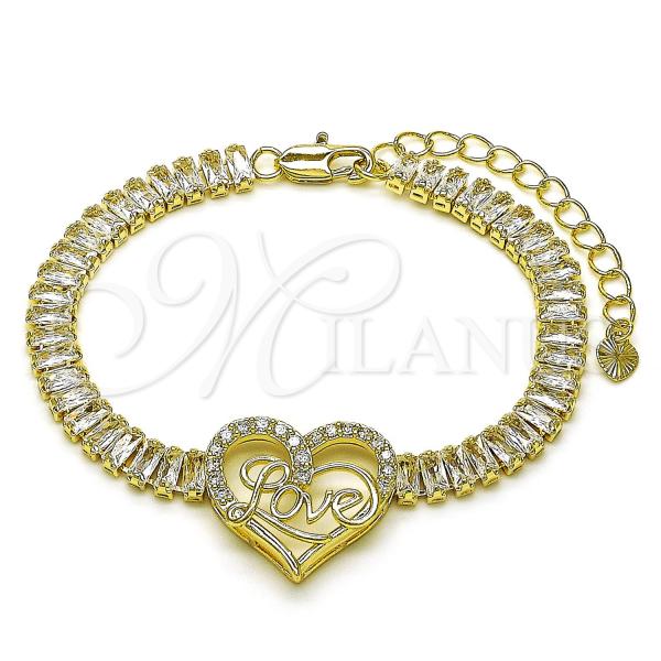 Oro Laminado Fancy Bracelet, Gold Filled Style Heart and Baguette Design, with White Cubic Zirconia, Polished, Golden Finish, 03.411.0036.07