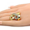 Oro Laminado Multi Stone Ring, Gold Filled Style Greek Key Design, with White Crystal, Polished, Golden Finish, 01.241.0015.10 (Size 10)