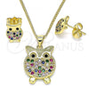 Oro Laminado Earring and Pendant Adult Set, Gold Filled Style Owl Design, with Multicolor Micro Pave, Polished, Golden Finish, 10.156.0343.1